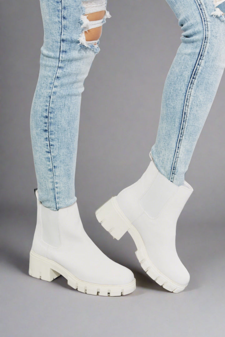 Artemis' Ascent: Empowering White Lug Sole Chelsea Boots