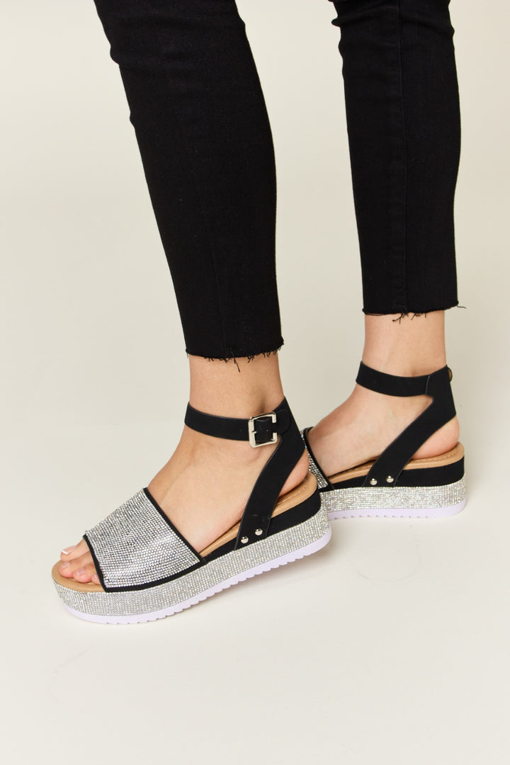 Selene's Soiree: Glamorous Rhinestone Buckle Wedge Sandals