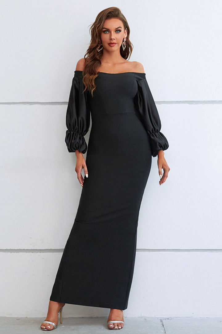 Captivate in Majesty: Off-Shoulder Bubble Sleeve Maxi Dress