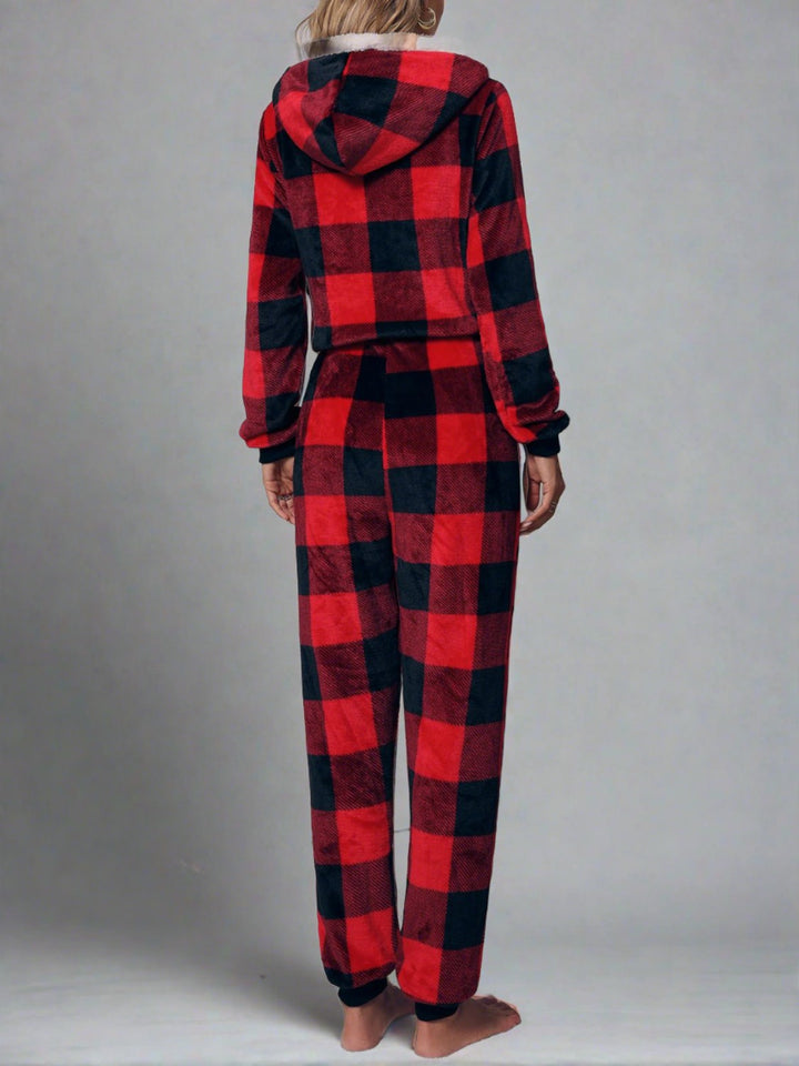 Asteria's Cozy Chic: Cozy Plaid Zip-Up Jumpsuit