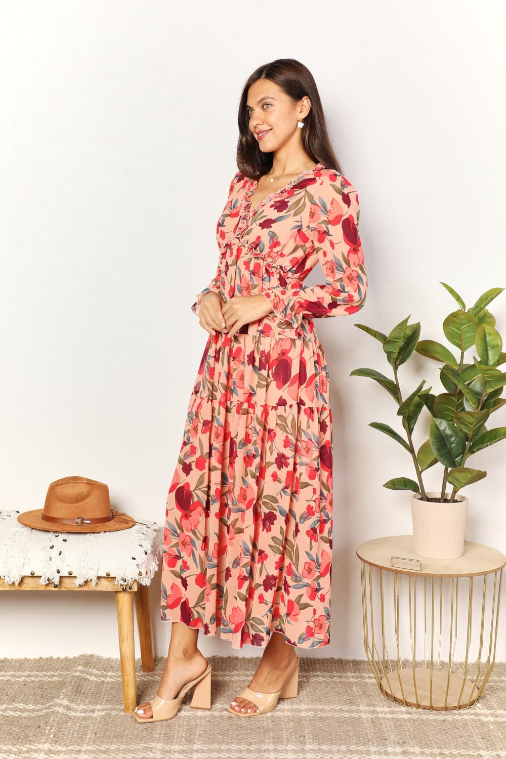 Mesmerize in Midnight: Floral Flounce Maxi Dress