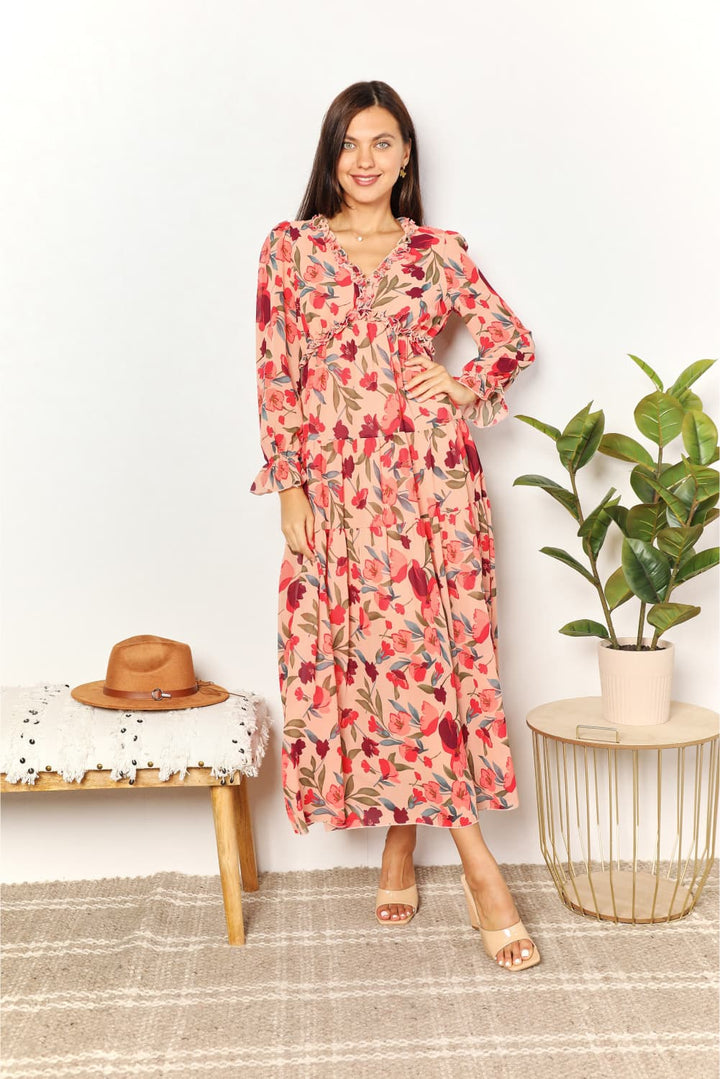 Mesmerize in Midnight: Floral Flounce Maxi Dress