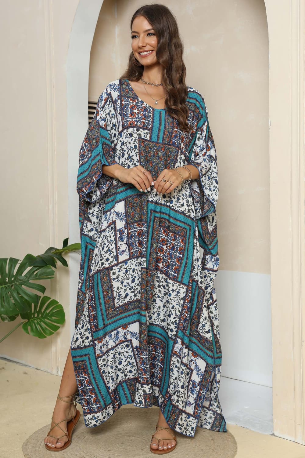 Patchwork Parade: V-Neck Split Maxi Dress