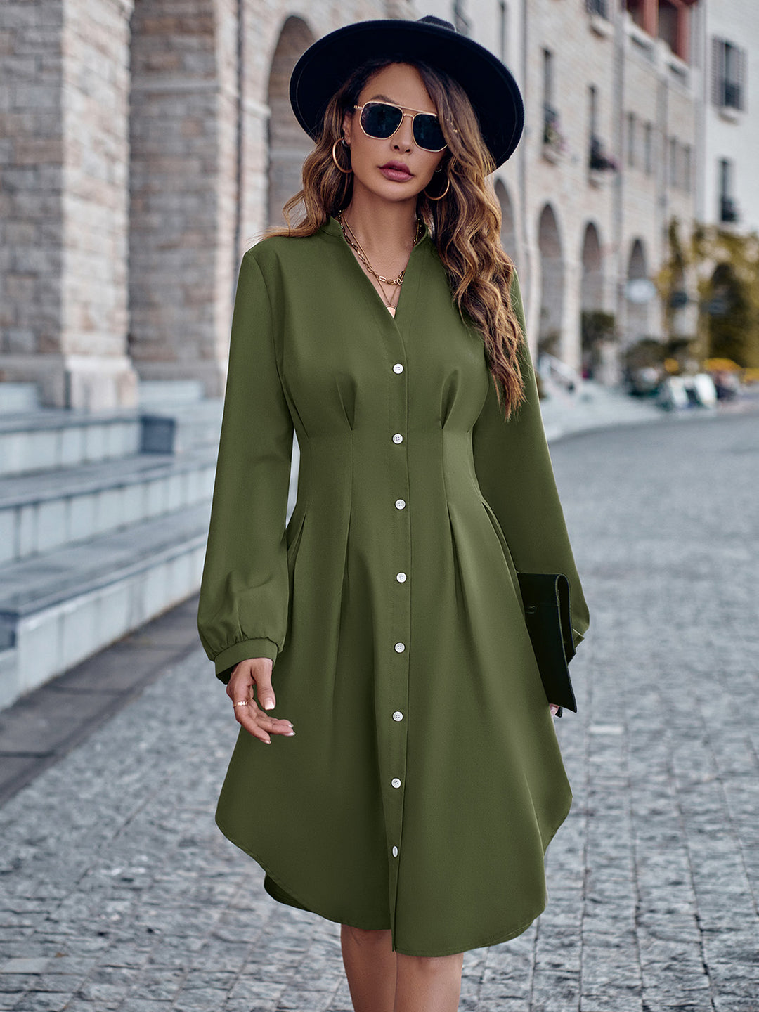 Timeless Allure: Notched Neck Long Sleeve Dress