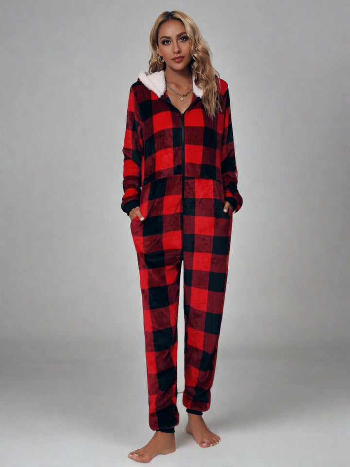 Asteria's Cozy Chic: Cozy Plaid Zip-Up Jumpsuit