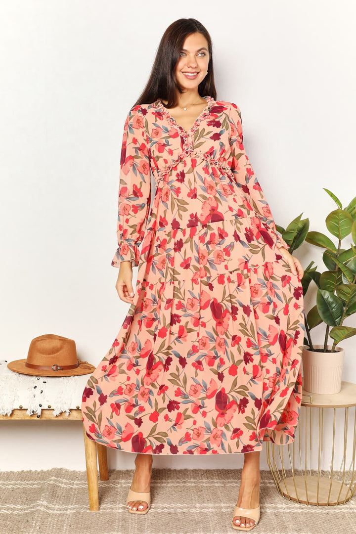 Mesmerize in Midnight: Floral Flounce Maxi Dress