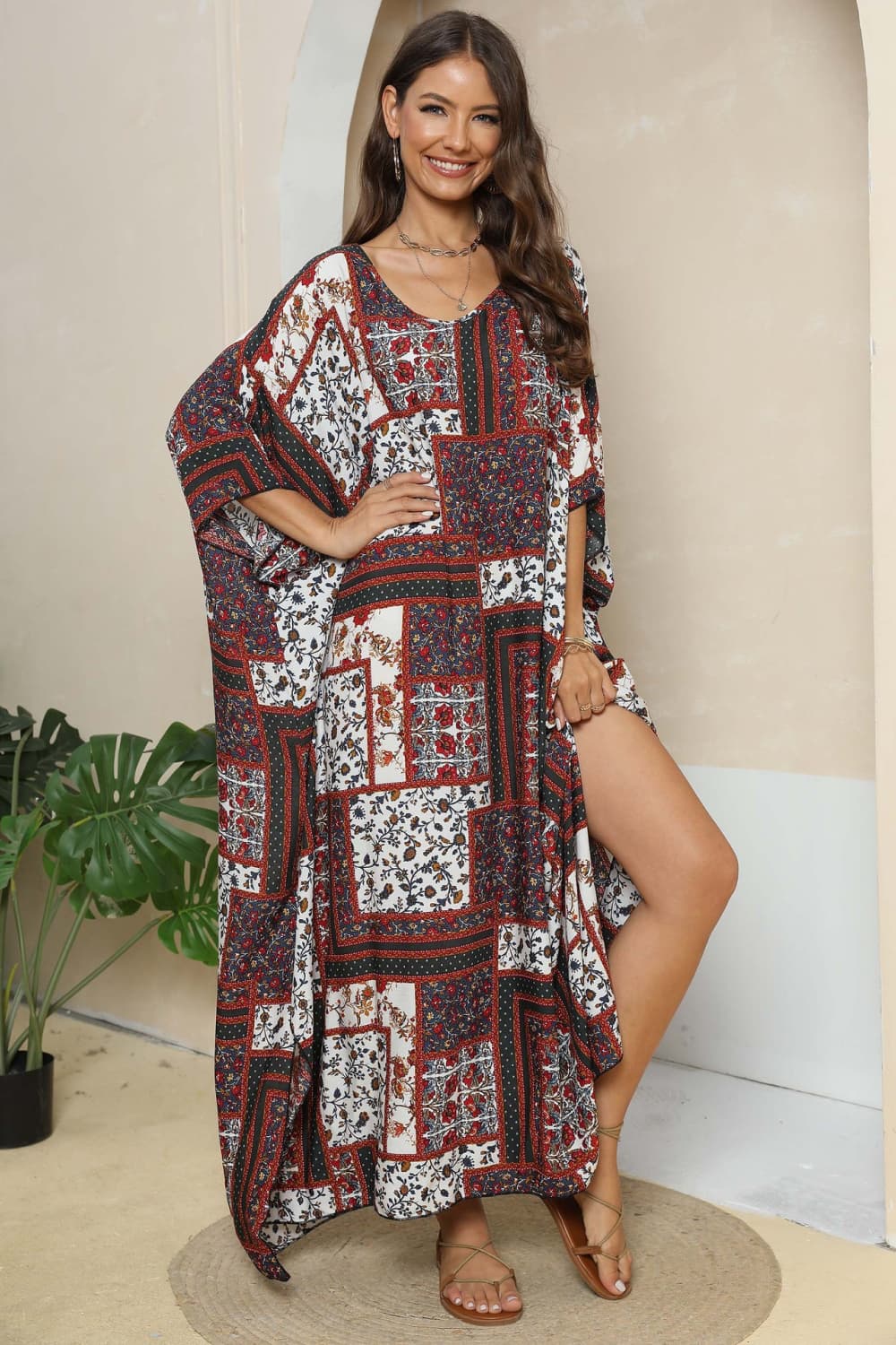 Patchwork Parade: V-Neck Split Maxi Dress